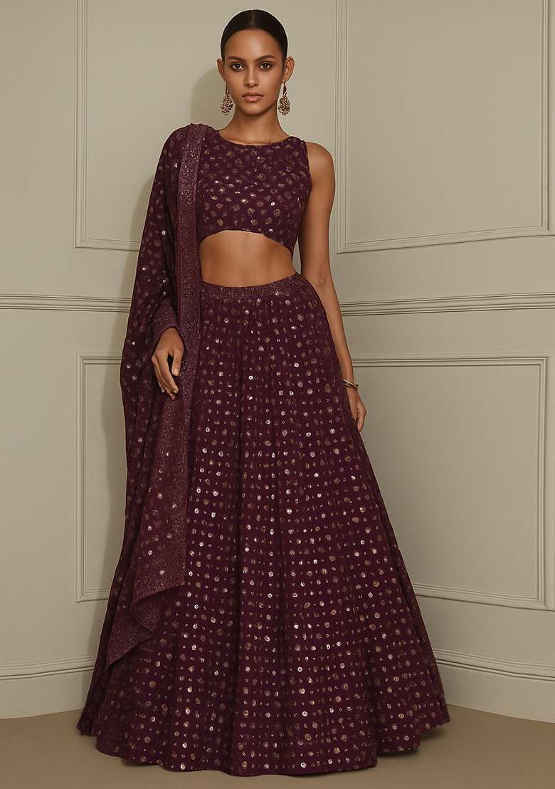 Brown Embroidered Georgette Lehenga Set - Indya