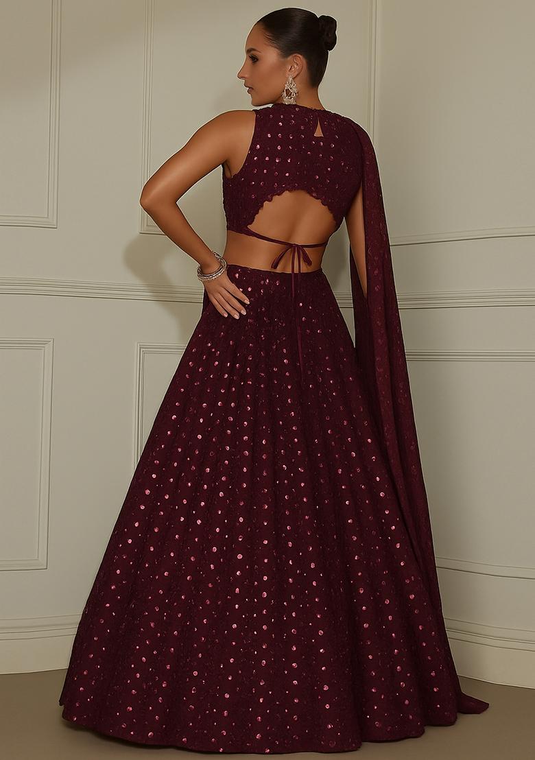 Brown Embroidered Georgette Lehenga Set - Indya