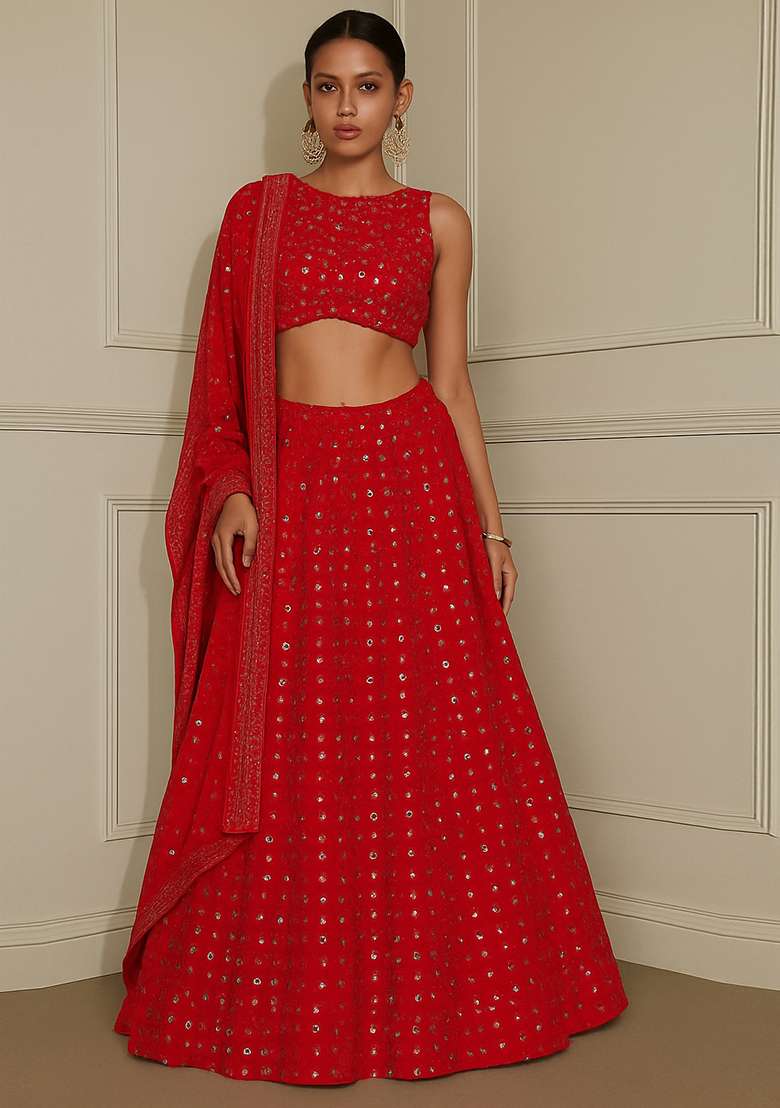 Pink Embroidered Georgette Lehenga Set - Indya