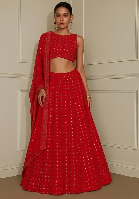 Pink Embroidered Georgette Lehenga Set