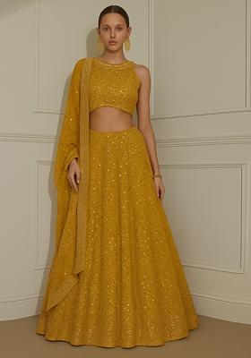 Mustard Embroidered Georgette Lehenga Set
