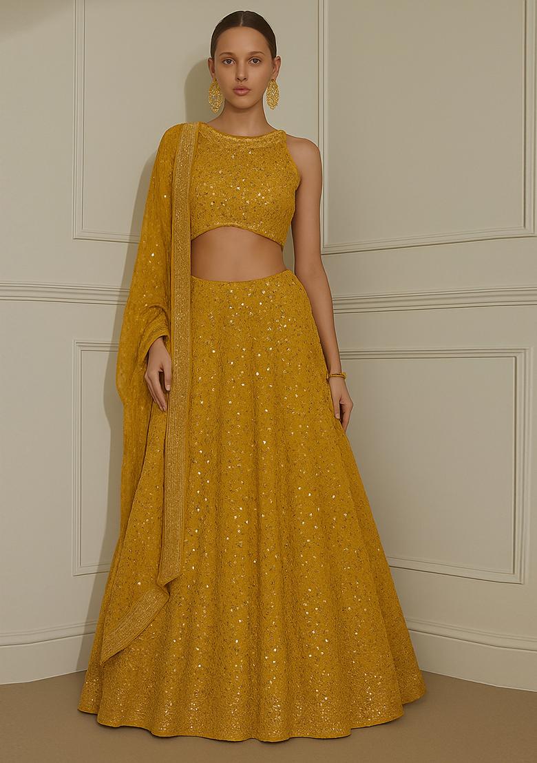Mustard Embroidered Georgette Lehenga Set - Indya