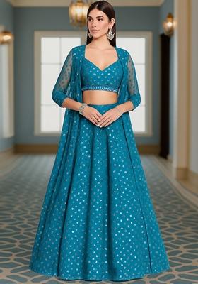 Teal Embroidered Georgette Lehenga Set