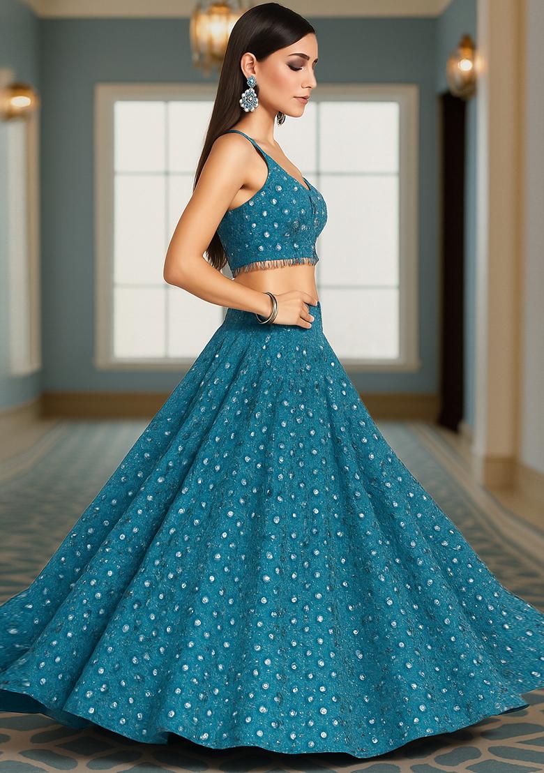 Teal Embroidered Georgette Lehenga Set - Indya