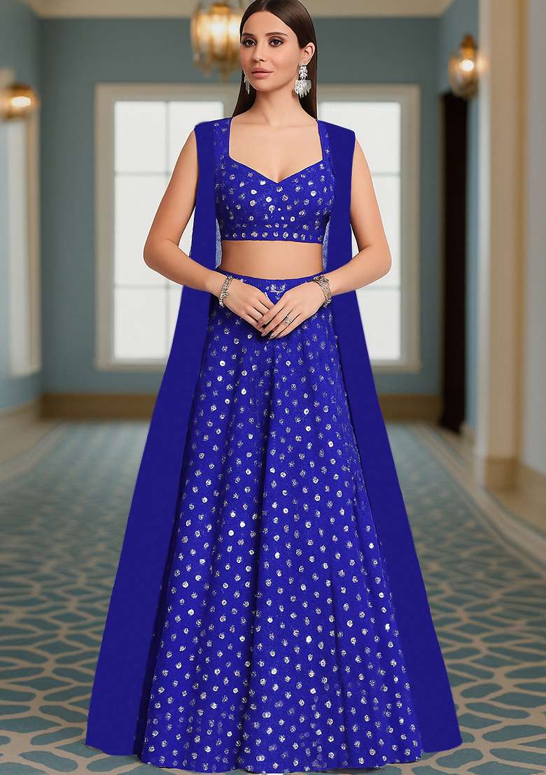 Blue Purple Embroidered Georgette Lehenga Set - Indya
