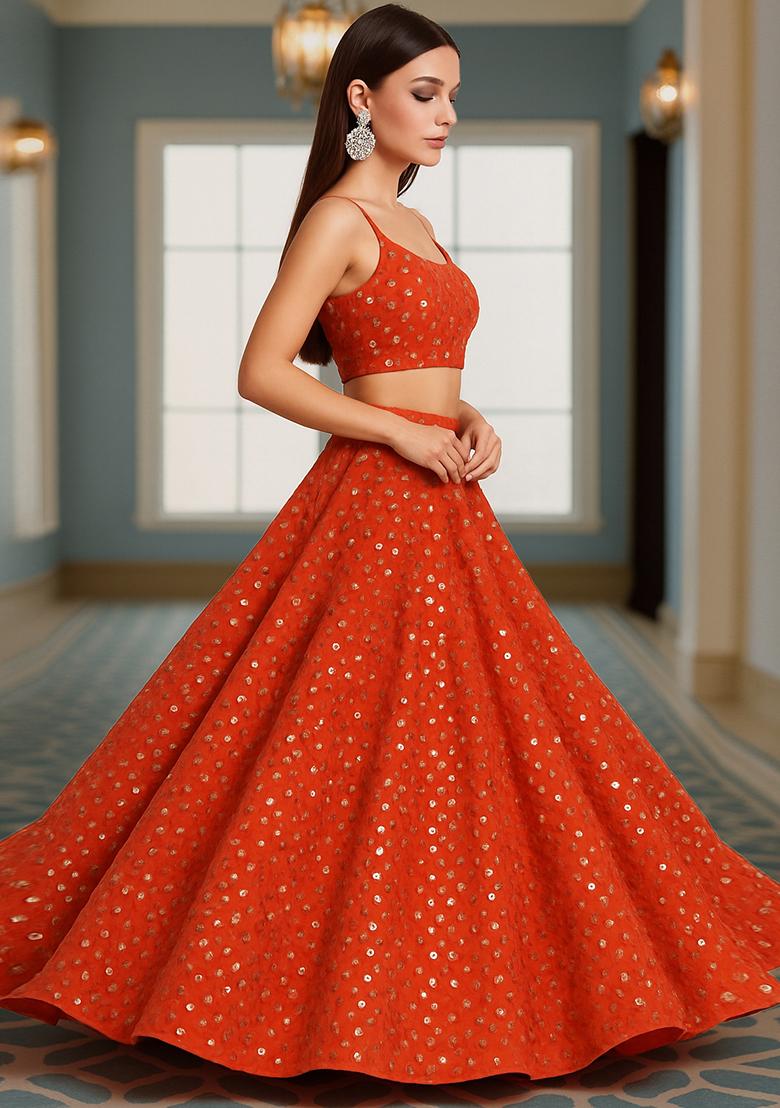 Orange Embroidered Georgette Lehenga Set - Indya