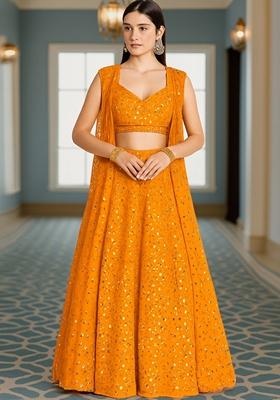 Yellow Embroidered Georgette Lehenga Set