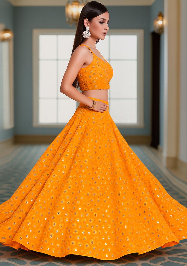 Yellow Embroidered Georgette Lehenga Set - Indya