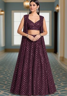 Brown Embroidered Georgette Lehenga Set