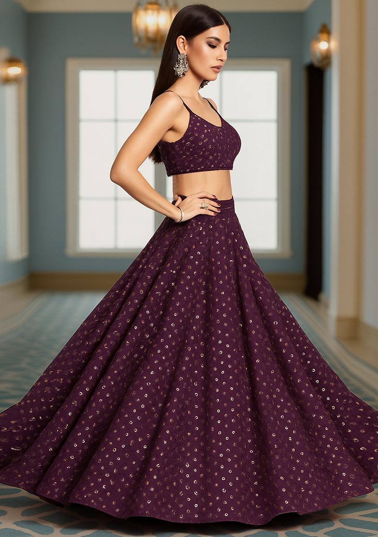 Brown Embroidered Georgette Lehenga Set - Indya