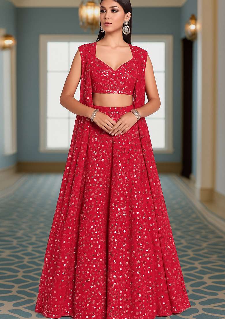 Pink Embroidered Georgette Lehenga Set - Indya