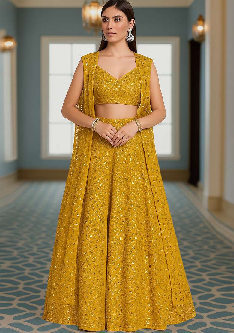 Mustard Embroidered Georgette Lehenga Set - Indya