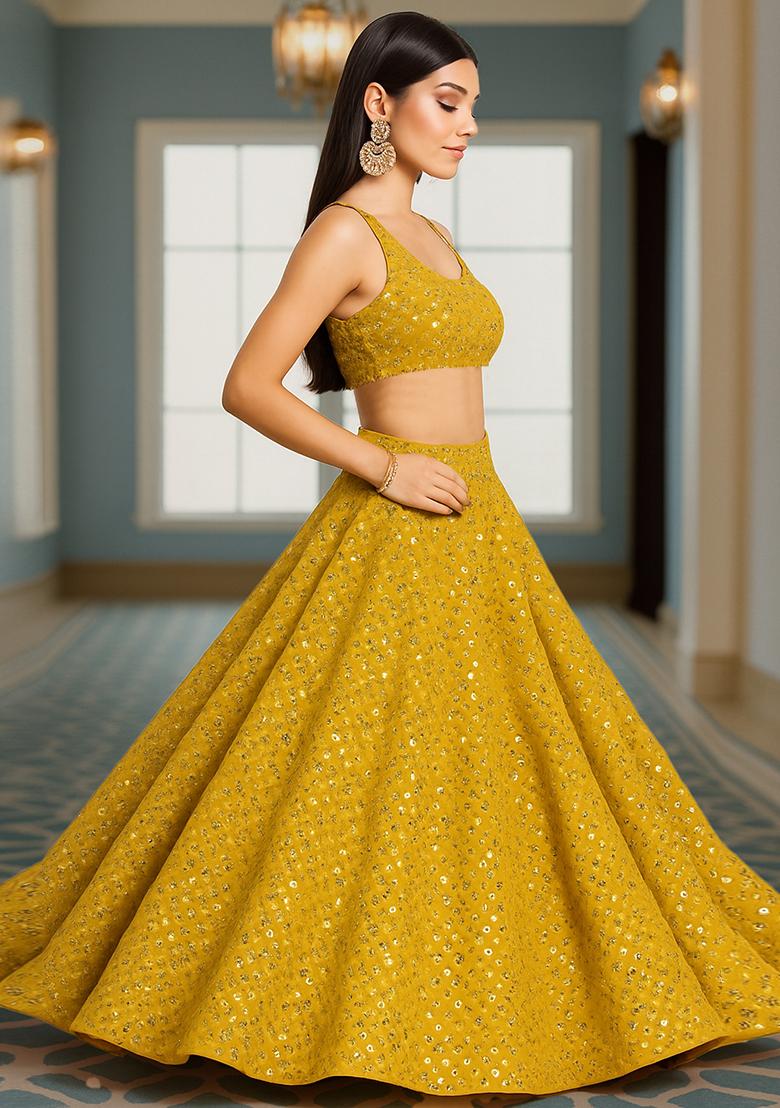 Mustard Embroidered Georgette Lehenga Set - Indya
