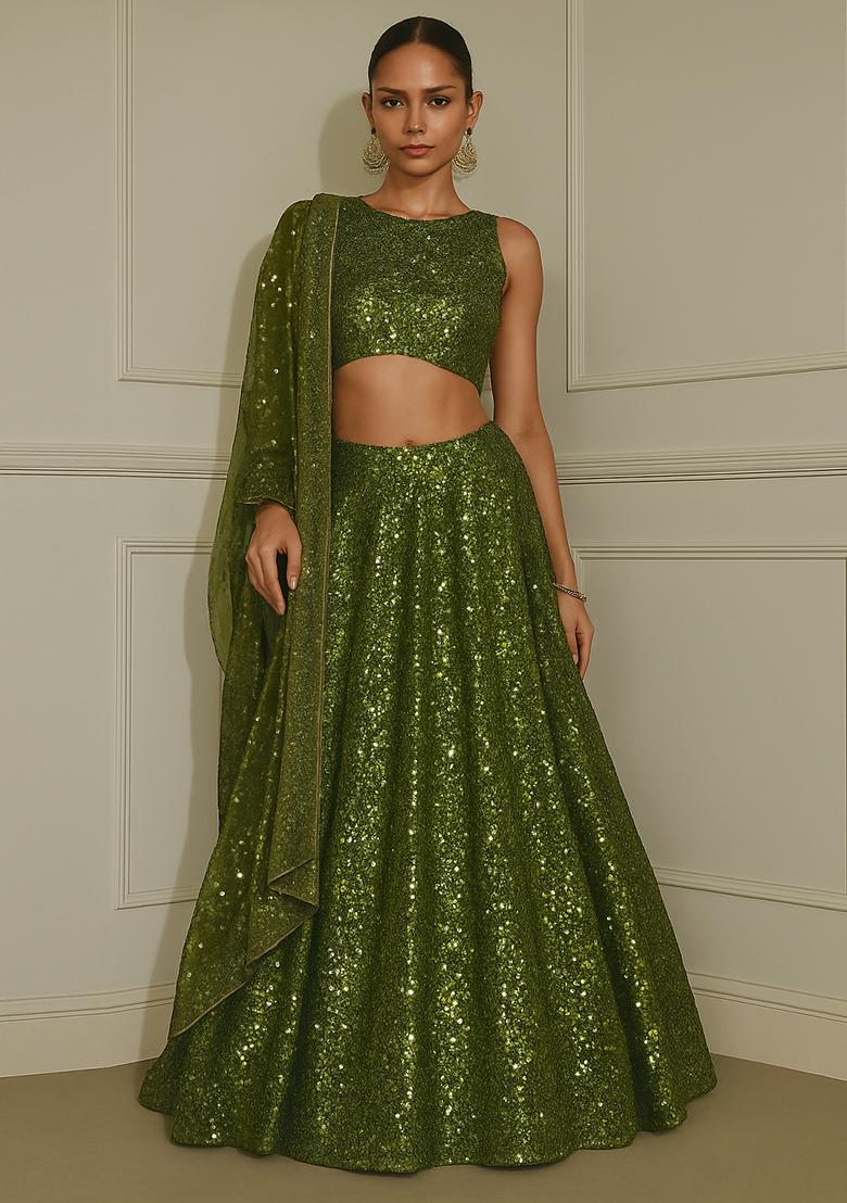 Mehendi Embroidered Georgette Lehenga Set - Indya