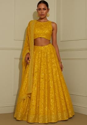 Yellow Embroidered Georgette Lehenga Set