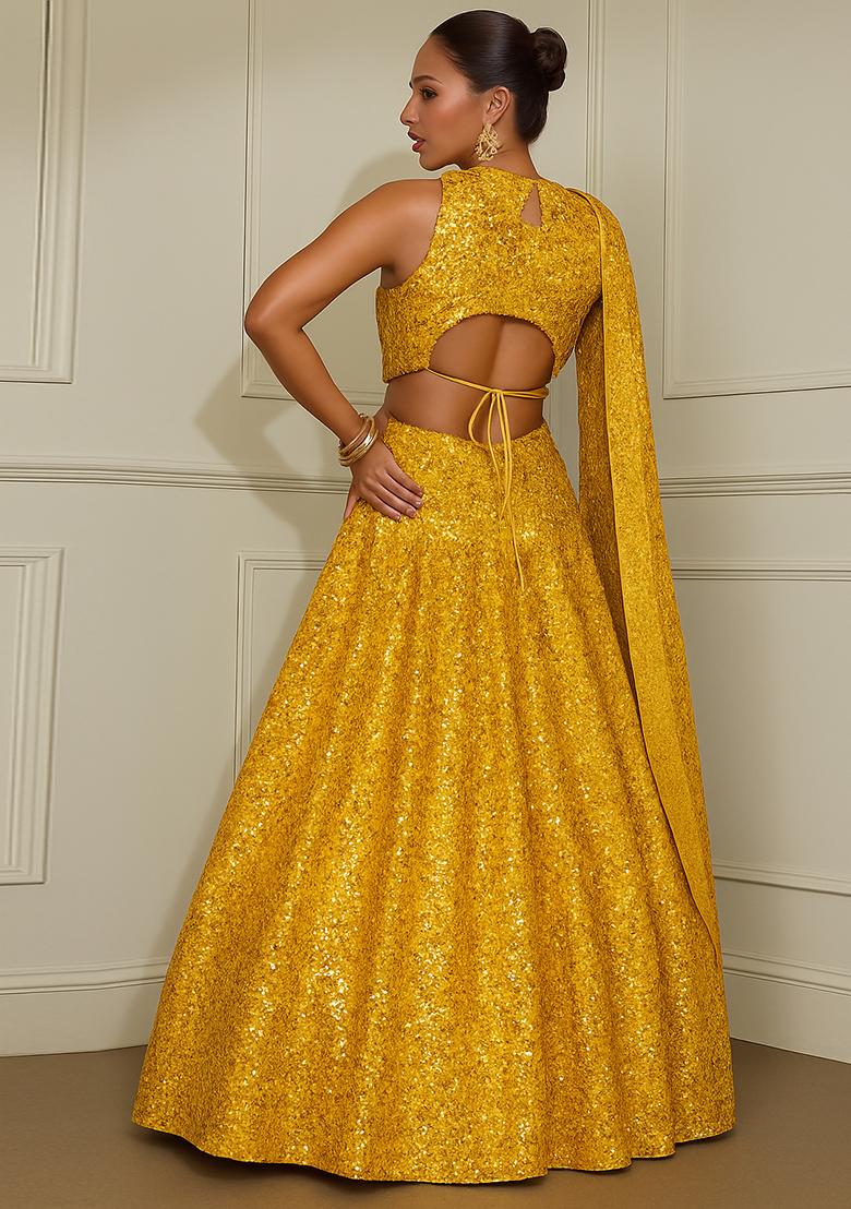 Yellow Embroidered Georgette Lehenga Set - Indya