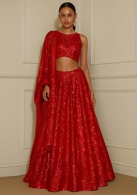 Red Embroidered Georgette Lehenga Set