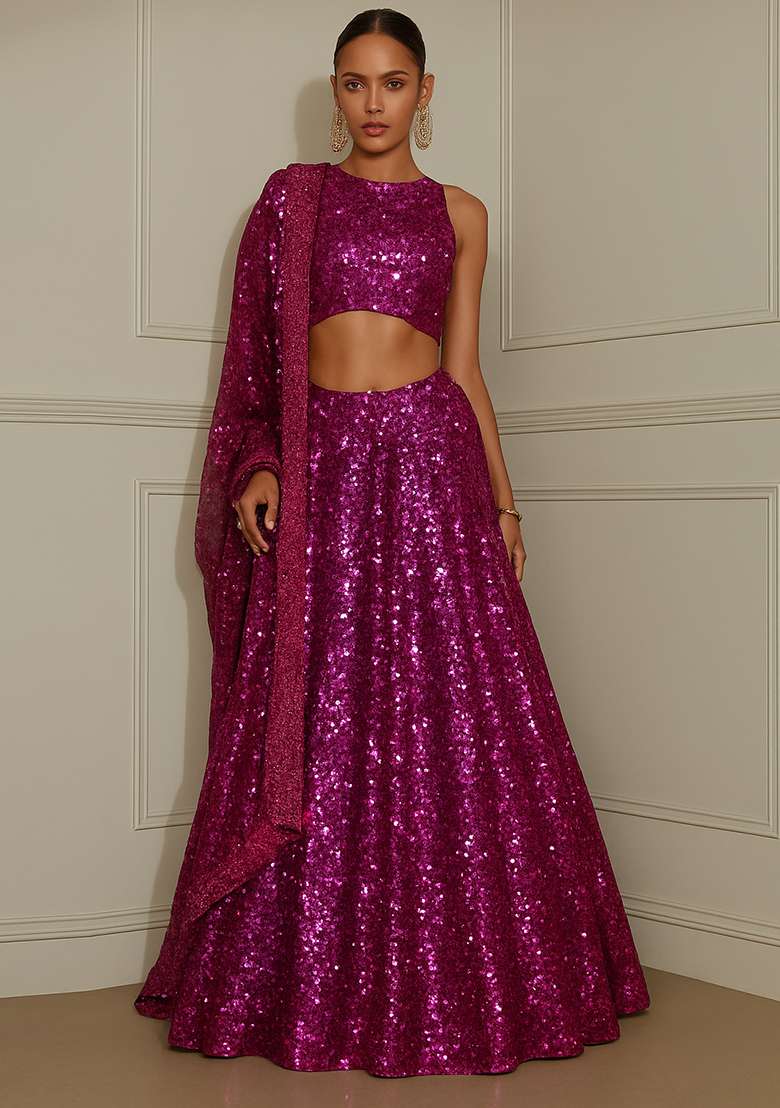 Plum Embroidered Georgette Lehenga Set - Indya