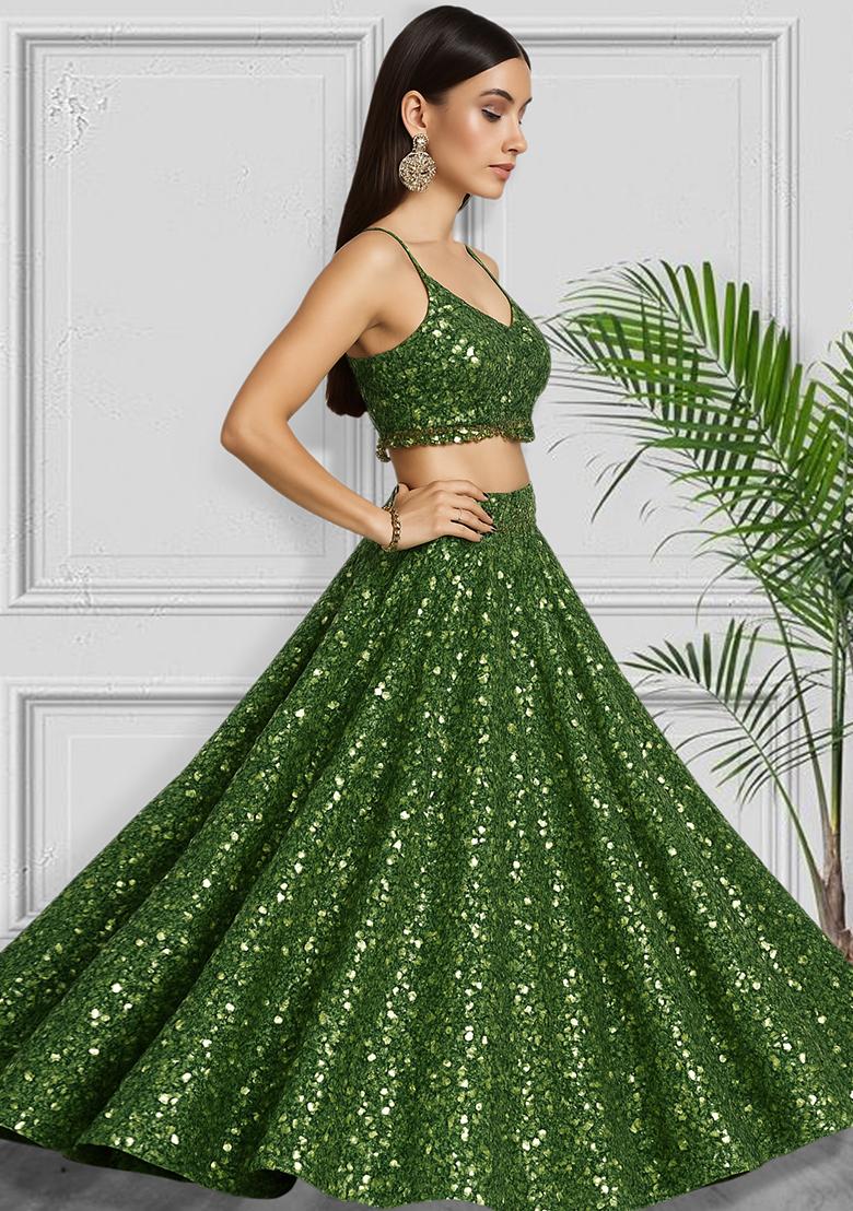 Mehendi Embroidered Georgette Lehenga Set - Indya