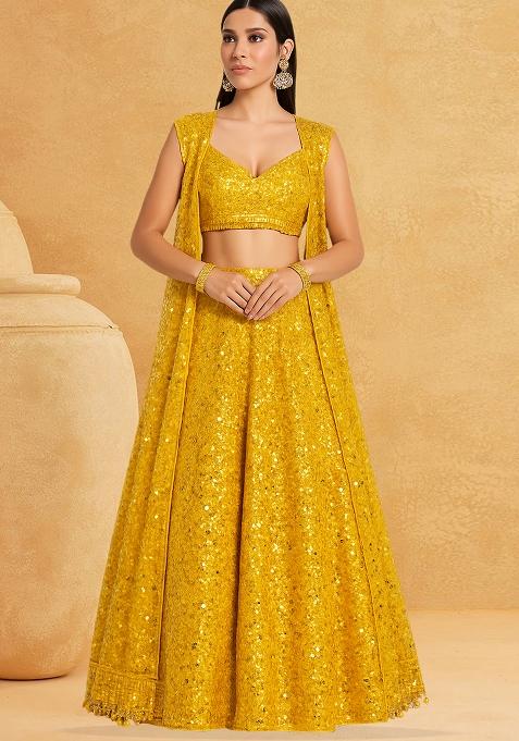 Yellow Embroidered Georgette Lehenga Set