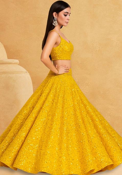 Yellow Embroidered Georgette Lehenga Set