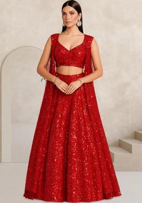 Red Embroidered Georgette Lehenga Set