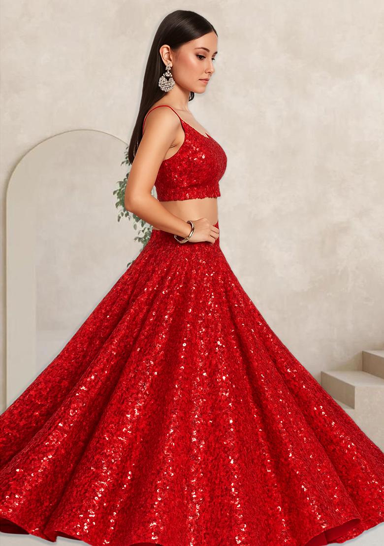Red Embroidered Georgette Lehenga Set - Indya