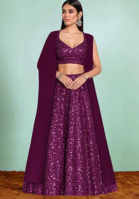 Plum Embroidered Georgette Lehenga Set