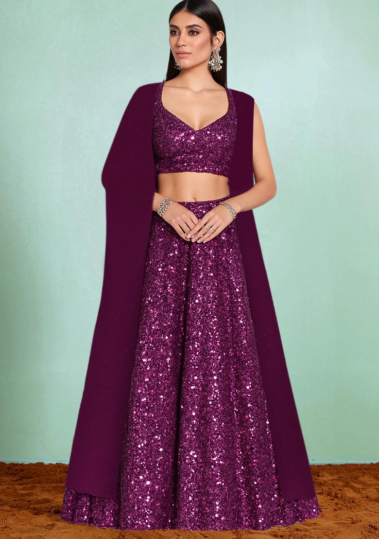 Plum Embroidered Georgette Lehenga Set - Indya