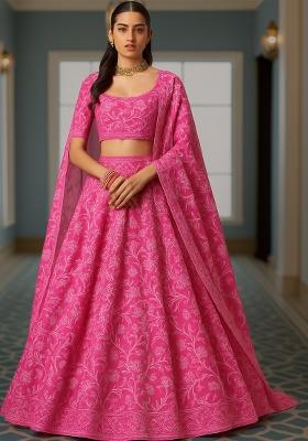 Pink Embroidered Georgette Lehenga Set