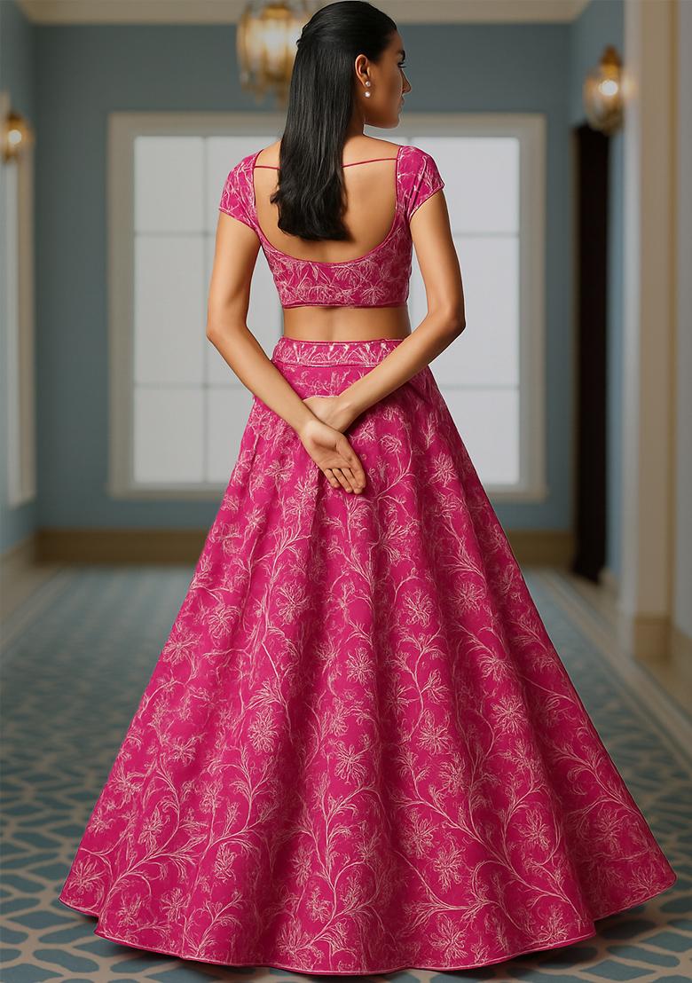 Pink Embroidered Georgette Lehenga Set - Indya