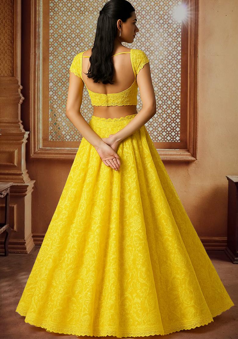 Yellow Embroidered Georgette Lehenga Set - Indya