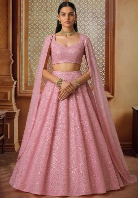 Pink Embroidered Georgette Lehenga Set