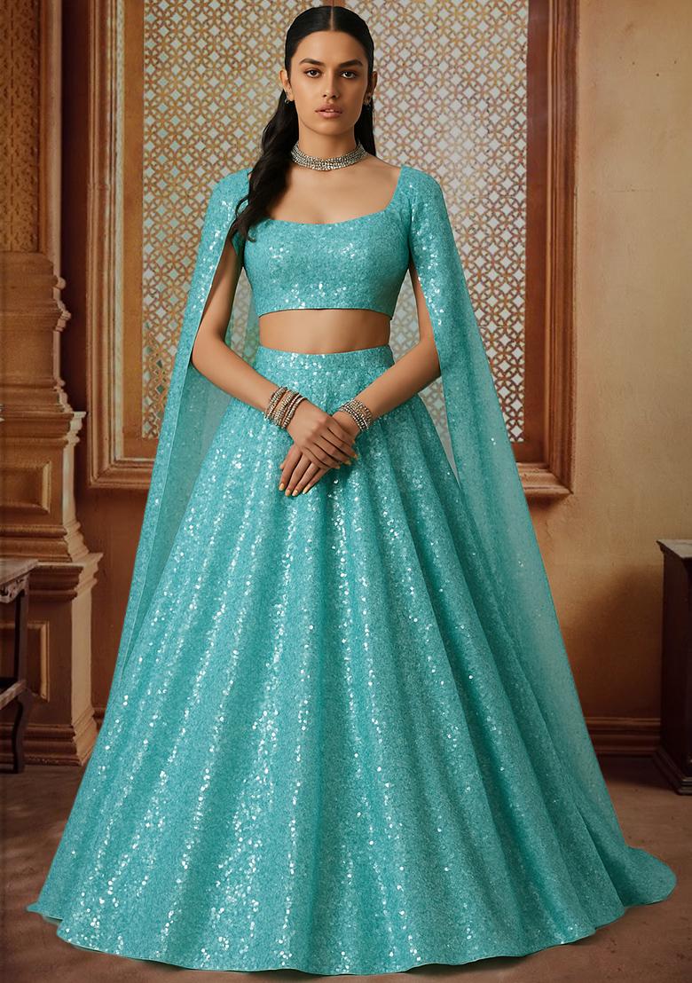 Powder Blue Embroidered Georgette Lehenga Set