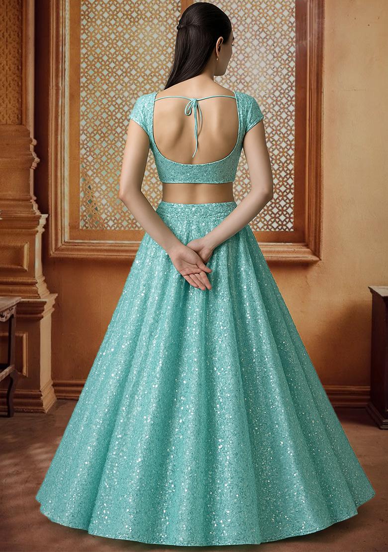 Powder Blue Embroidered Georgette Lehenga Set - Indya