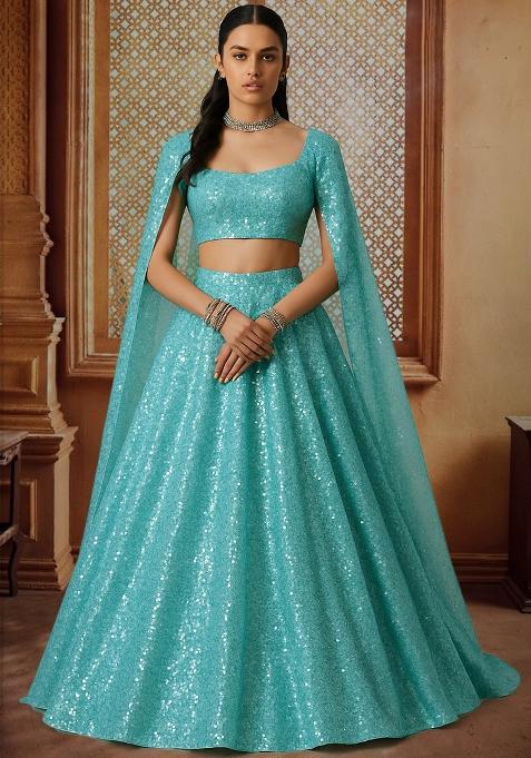 Powder Blue Embroidered Georgette Lehenga Set