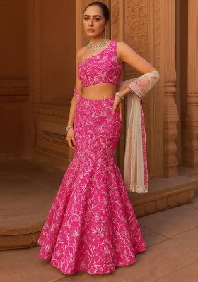 Pink Embroidered Georgette Lehenga Set