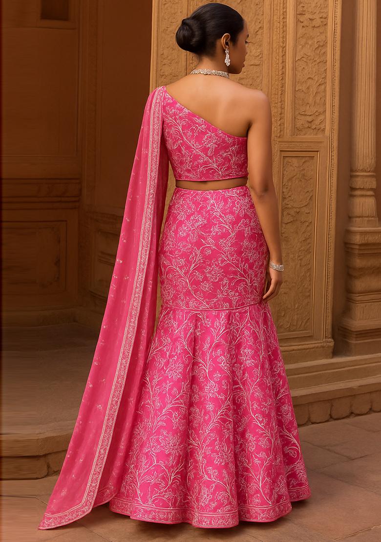 Pink Embroidered Georgette Lehenga Set - Indya