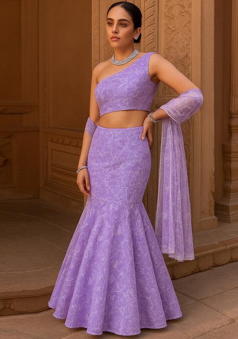 Purple Embroidered Georgette Lehenga Set — view on Indya