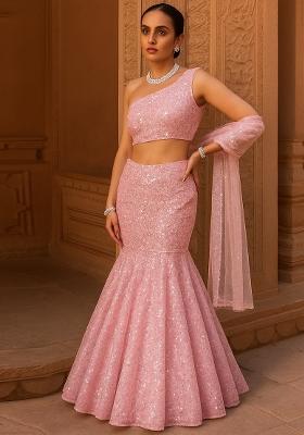 Pink Embroidered Georgette Lehenga Set