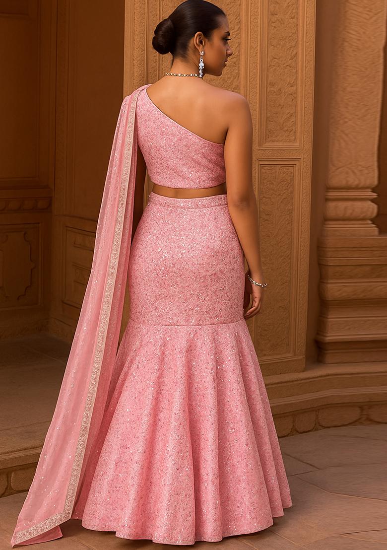 Pink Embroidered Georgette Lehenga Set - Indya