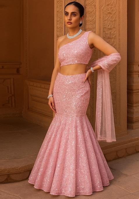 Pink Embroidered Georgette Lehenga Set