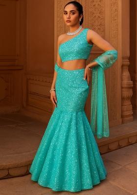 Powder Blue Embroidered Georgette Lehenga Set