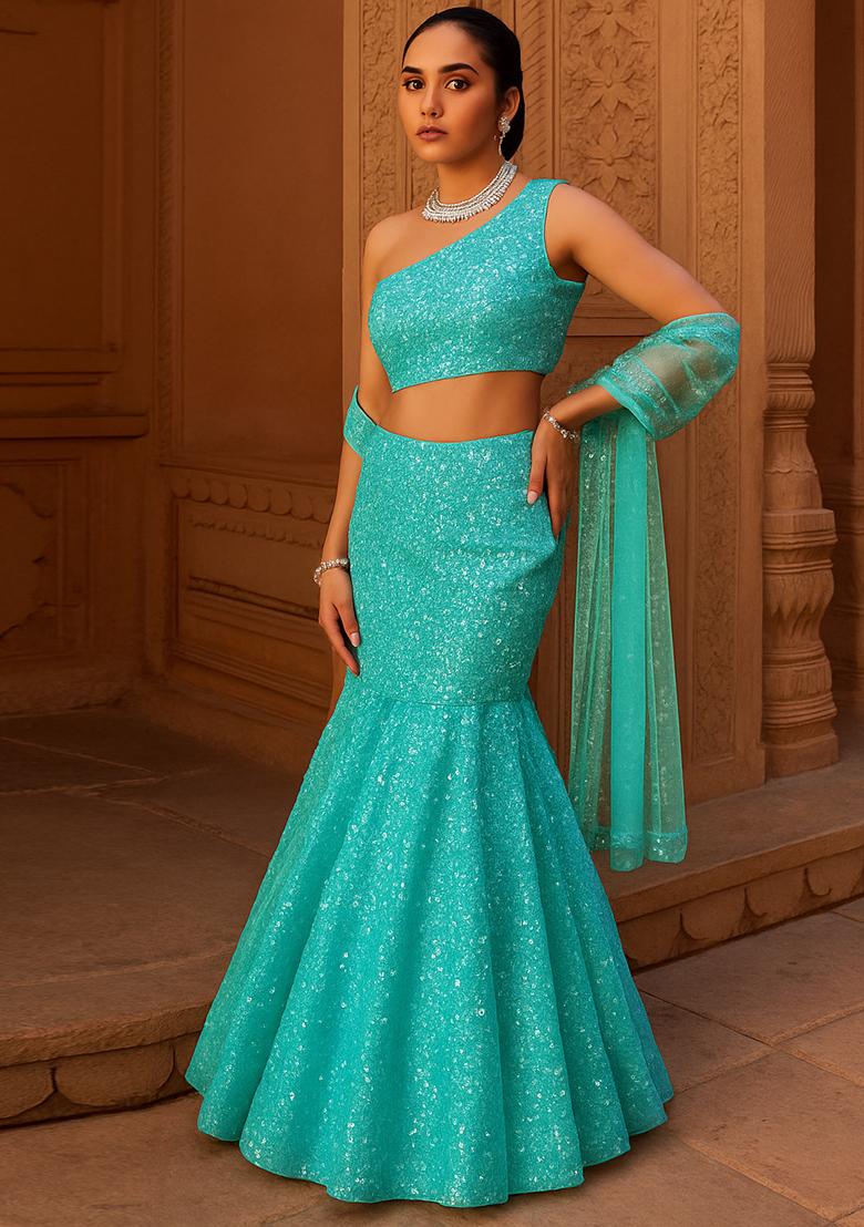 Powder Blue Embroidered Georgette Lehenga Set