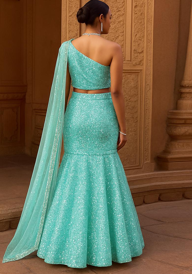 Powder Blue Embroidered Georgette Lehenga Set - Indya