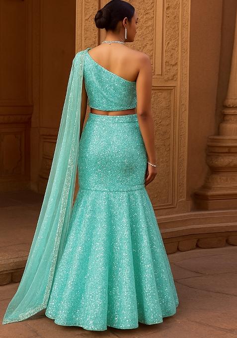 Powder Blue Embroidered Georgette Lehenga Set