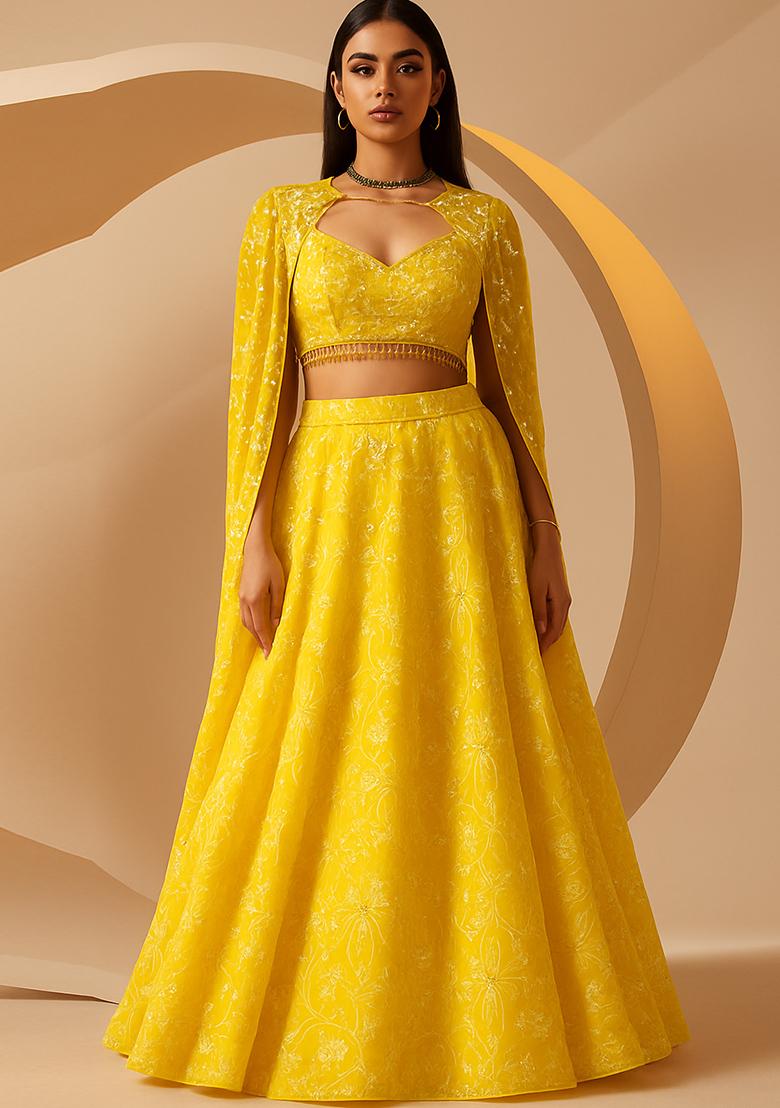 Yellow Embroidered Georgette Lehenga Set - Indya