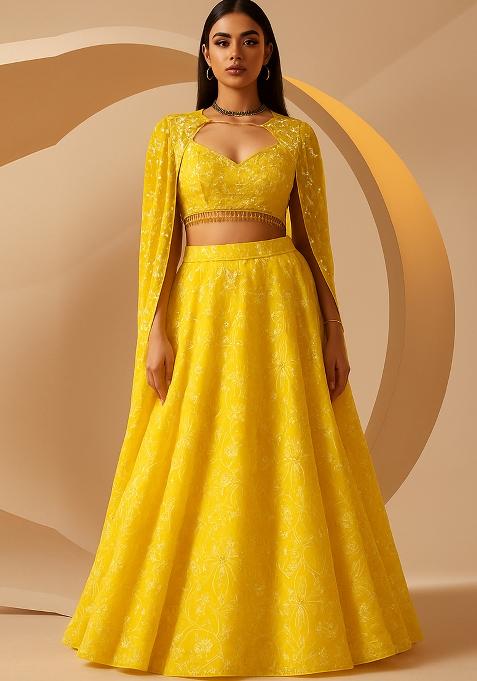 Yellow Embroidered Georgette Lehenga Set
