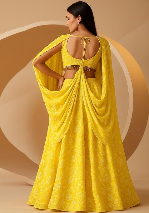 Yellow Embroidered Georgette Lehenga Set