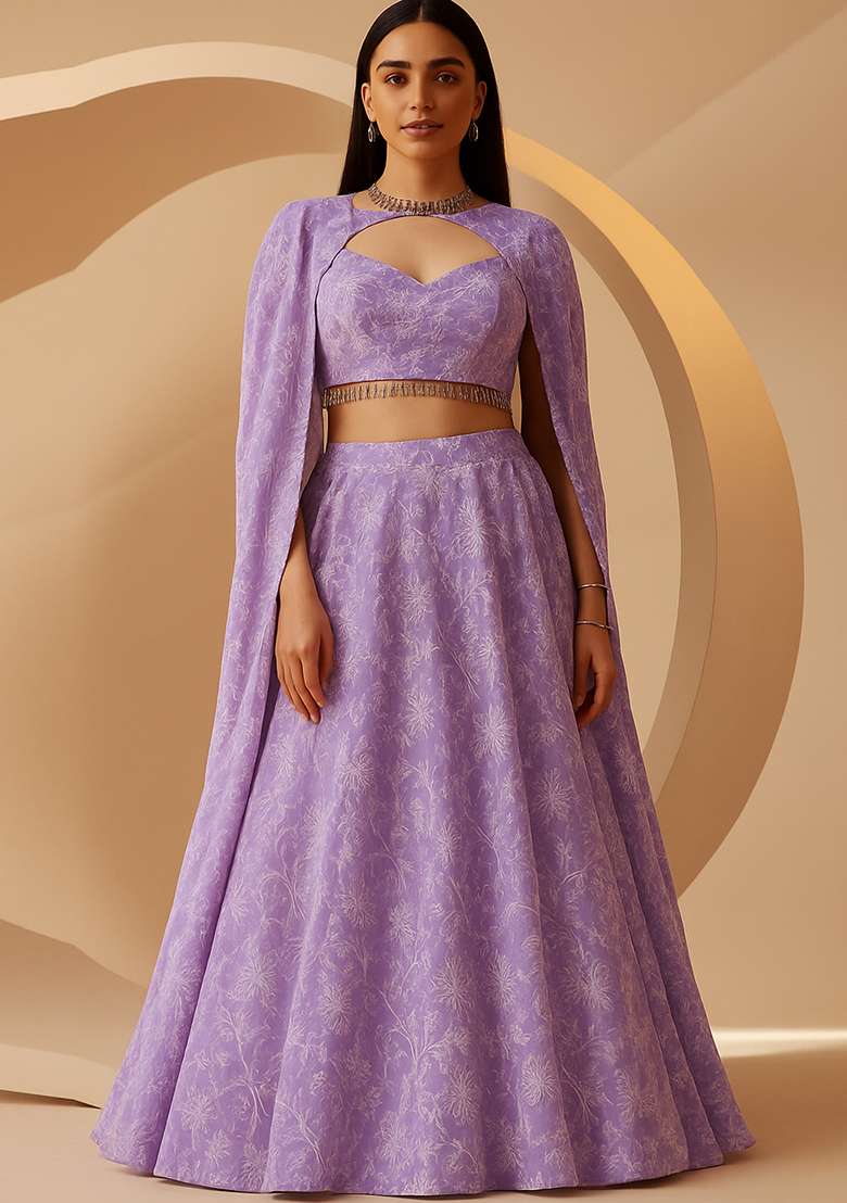 Purple Embroidered Georgette Lehenga Set - Indya